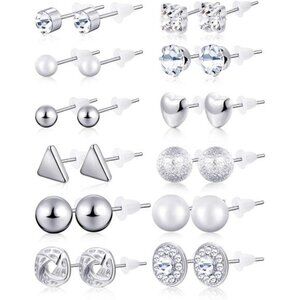24 Pairs Stud Earrings Crystal Pearl Earring Set Ear Stud Silver Studs